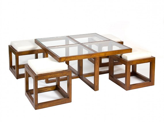 Conjunto mesa baja madera-cristal 4 taburetes