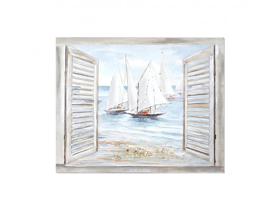 Cuadro ventana abierta vista a veleros en pintura acrílica