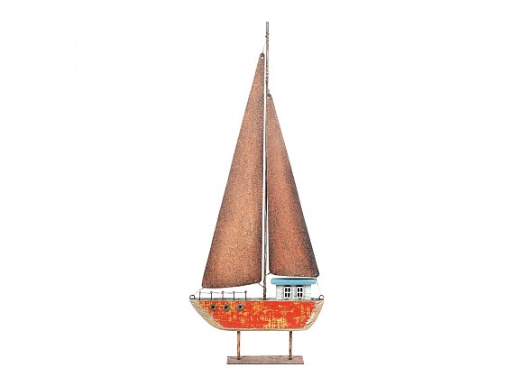 Figura velero rojo de madera reciclada con base