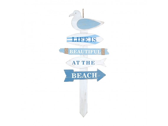 Poste decorativo de madera gaviota y mensaje playa