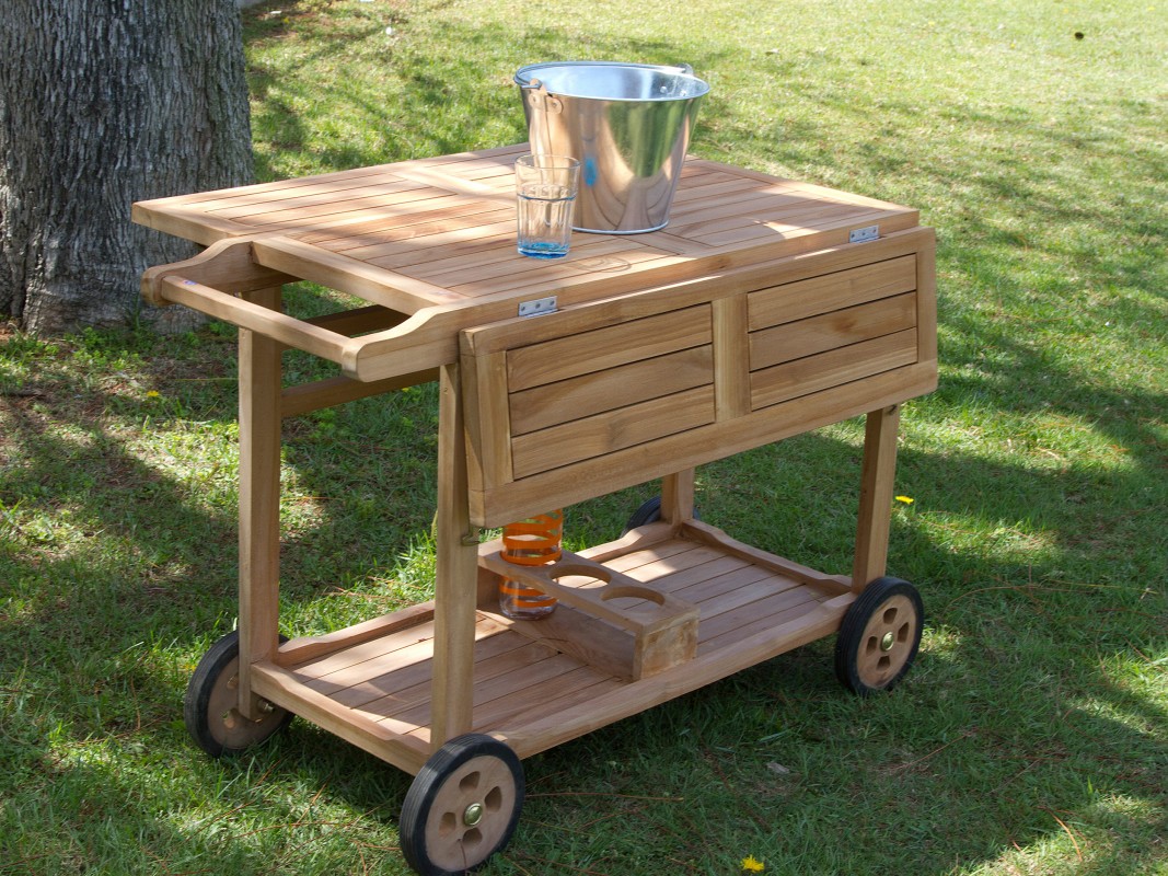Carrito camarera plegable de madera de teca con cajones