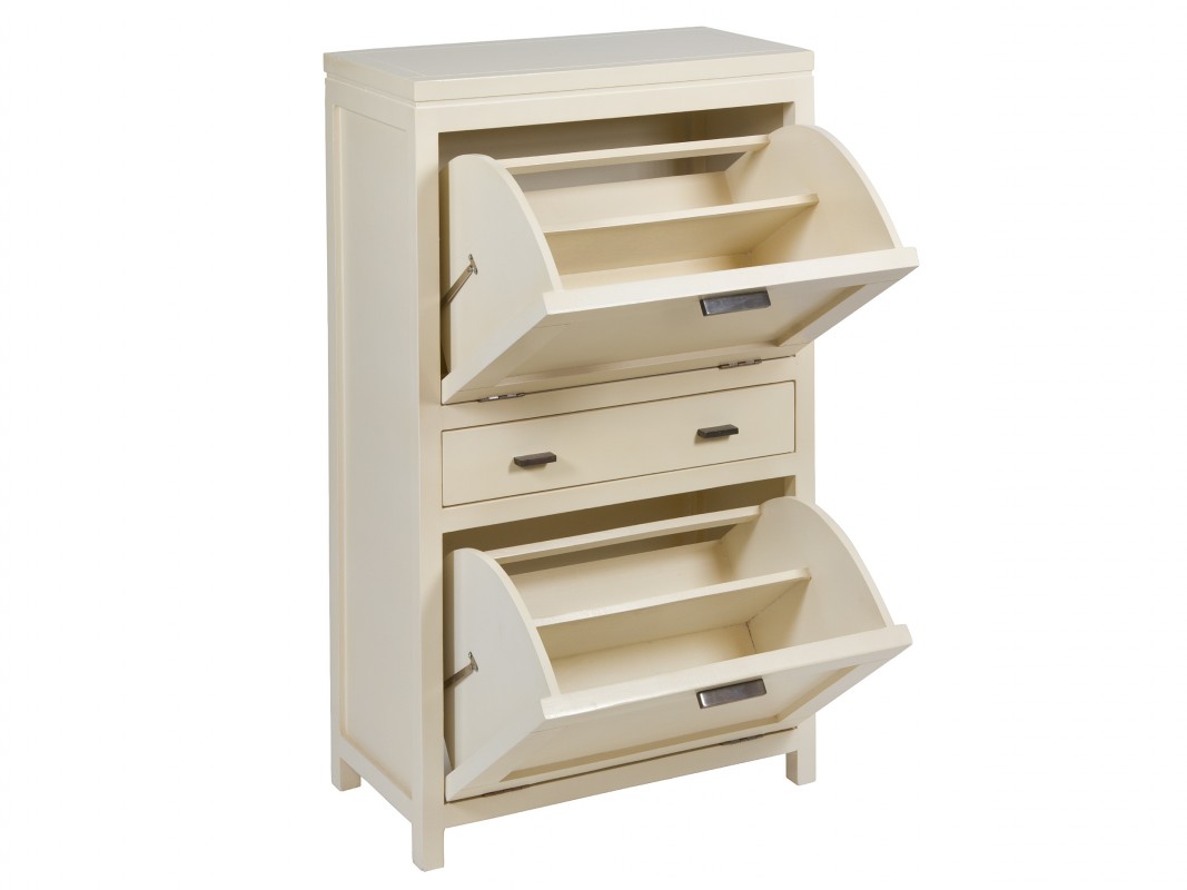 Mueble zapatero blanco con puertas abatibles y cajón central