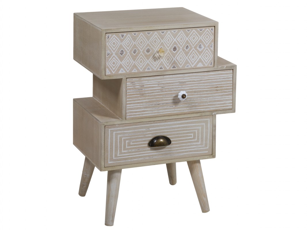 Cajonera asimétrica vintage de madera de pino y paulownia envejecida
