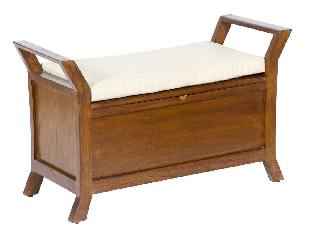 Banco de cama madera de acacia color nogal con cojín blanco