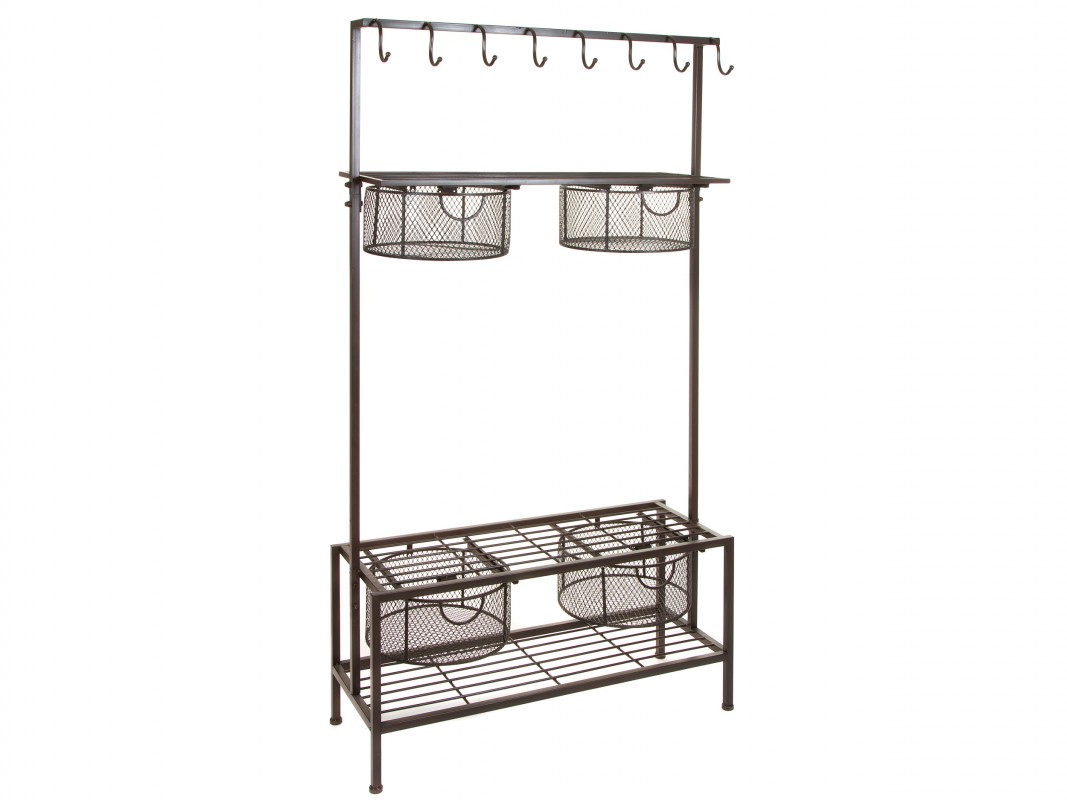 Perchero con banco industrial de hierro con cestas para recibidor