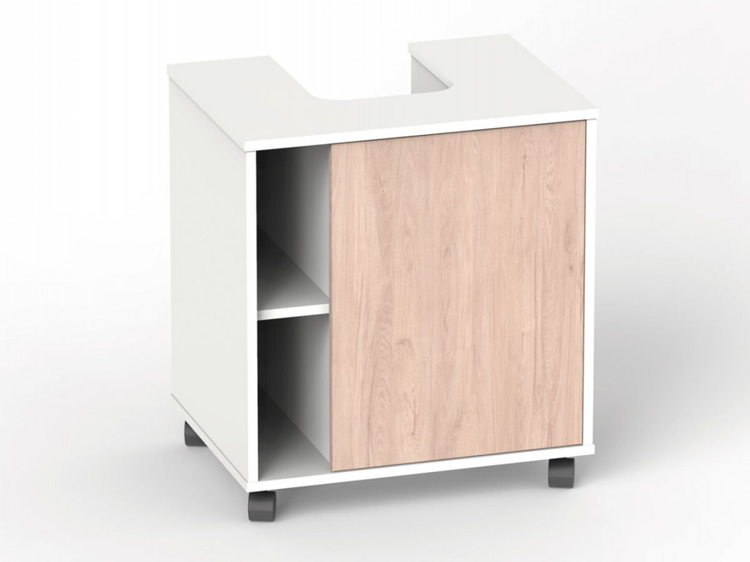 Mueble bajo adaptable ruedas y mdf blanco y roble