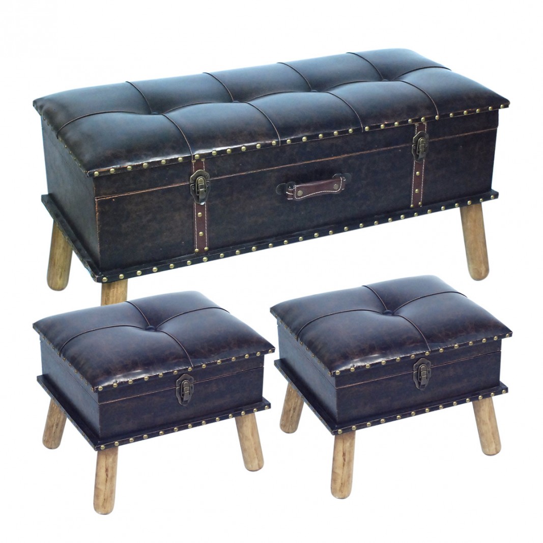 3 Banquetas baúles de polipiel negro capitoné estilo clásico