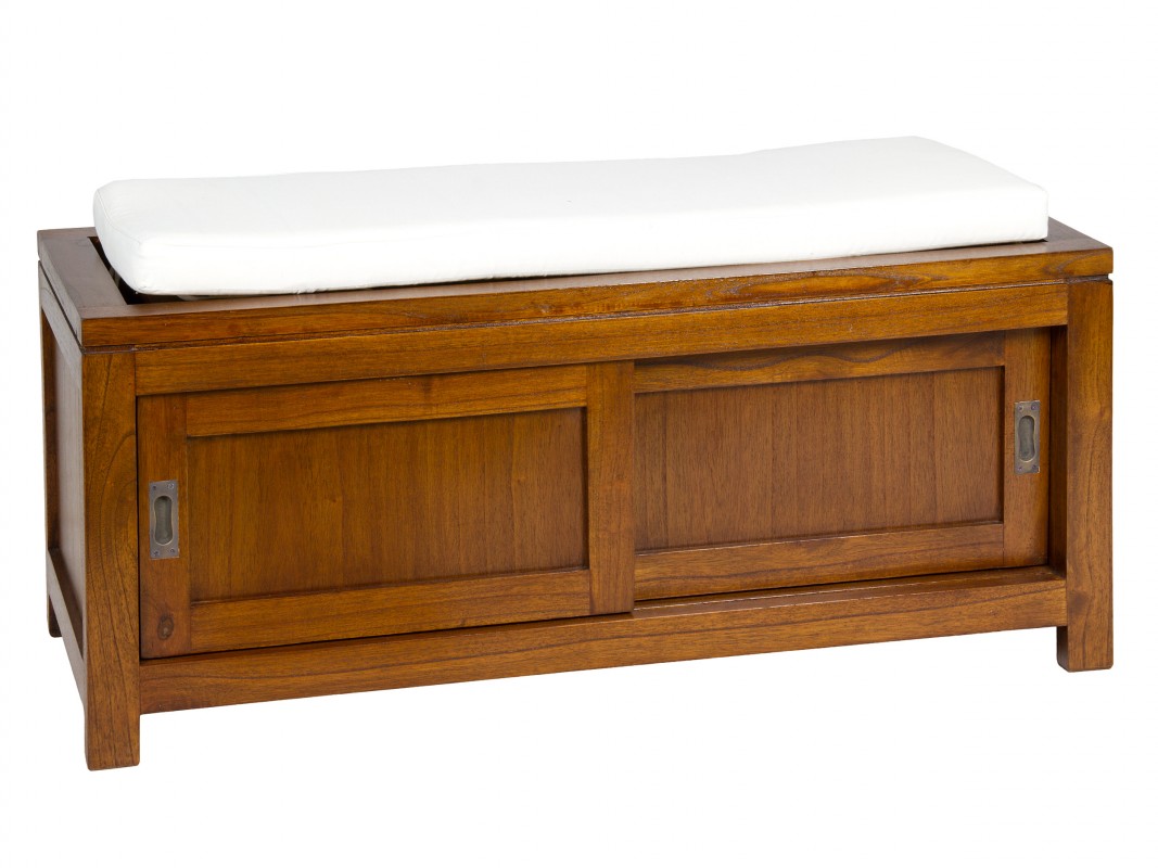 Banqueta para pie de cama o recibidor de madera con cojÃn
