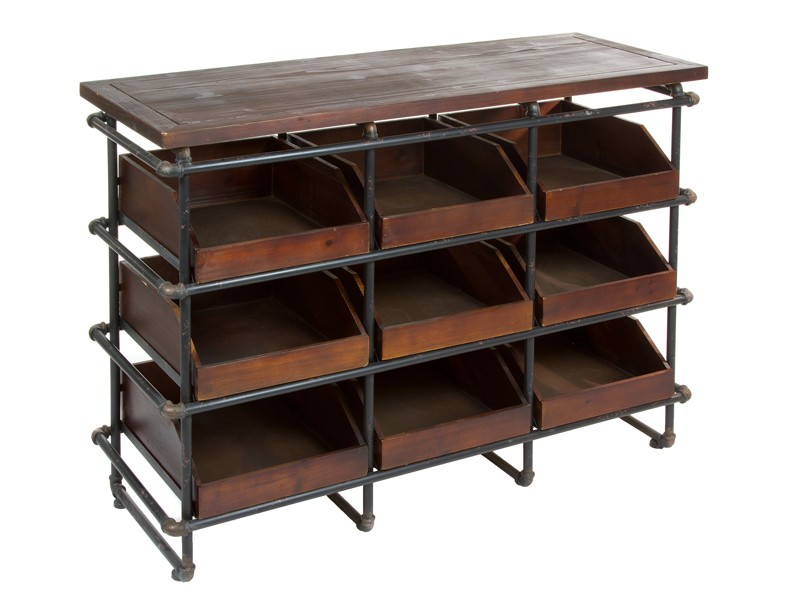 Cajonera industrial abierta de hierro y madera de abeto