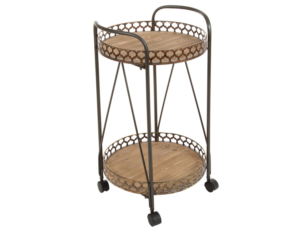 Carrito de cocina redondo estilo vintage de hierro y paulonia
