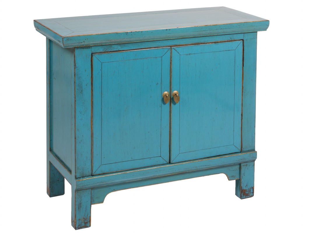 Consola azul vintage de madera decapada con armario auxiliar