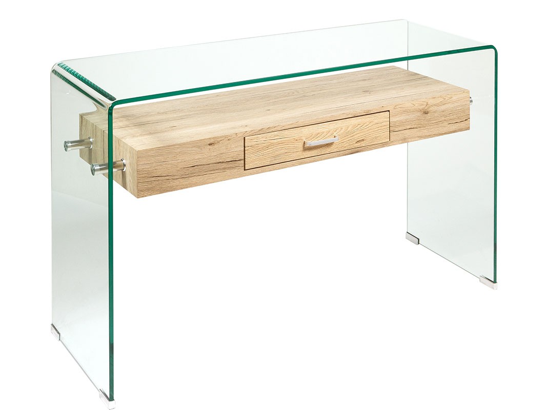 Consola escritorio de vidrio curvado y estante con cajón mdf