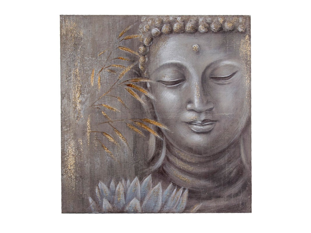 Cuadro cara Buda al óleo con flor de loto en tonos cálidos