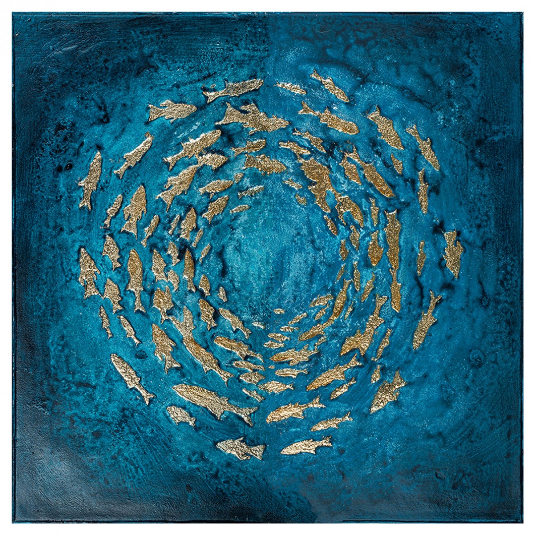 Cuadro decorativo banco de peces marino en dorado