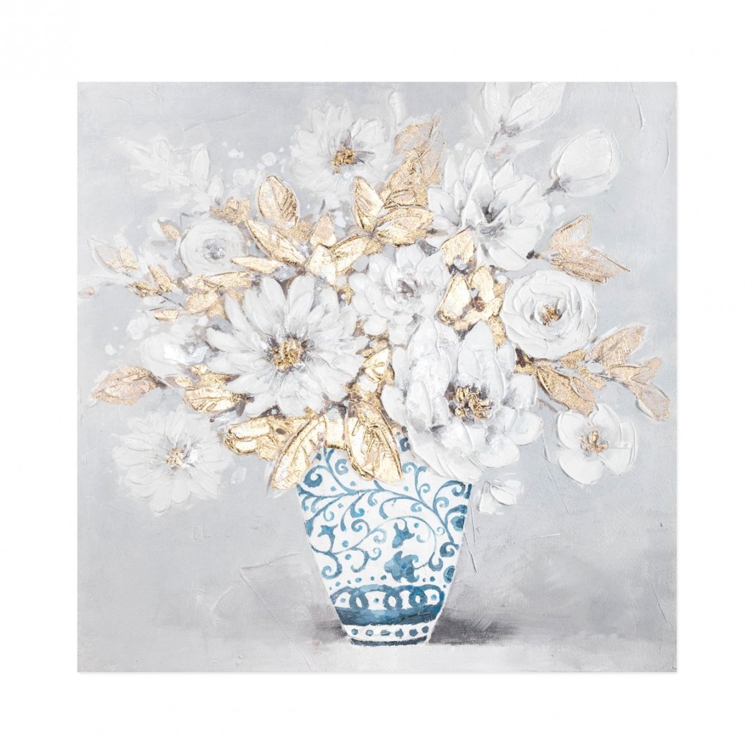 Cuadro grande óleo jarrón flores blancas estilo moderno