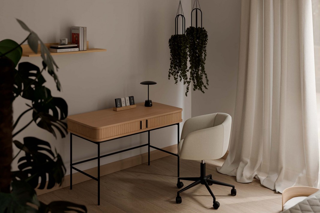 Escritorio de madera con cajón con puerta corredera