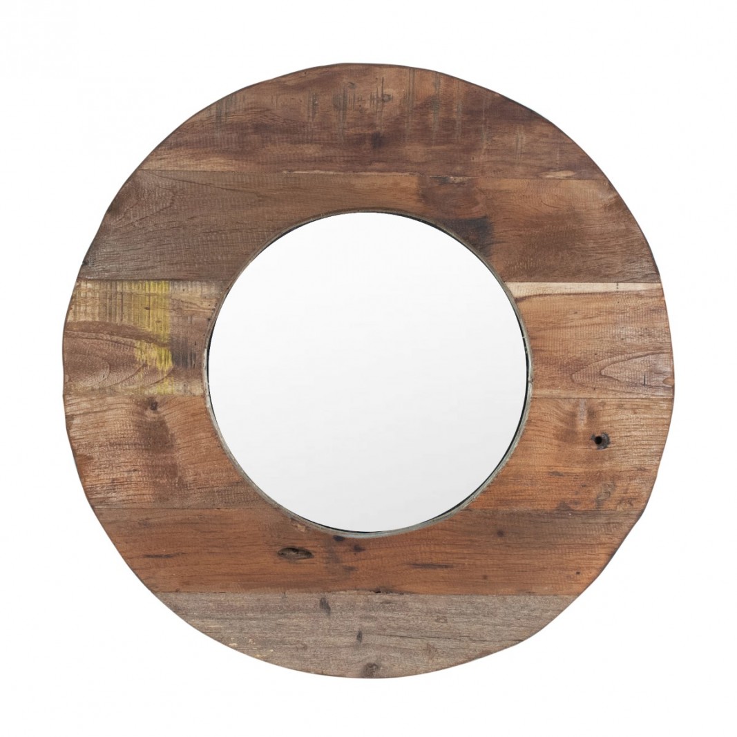 Espejo redondo rústico con marco madera envejecida 60 cm