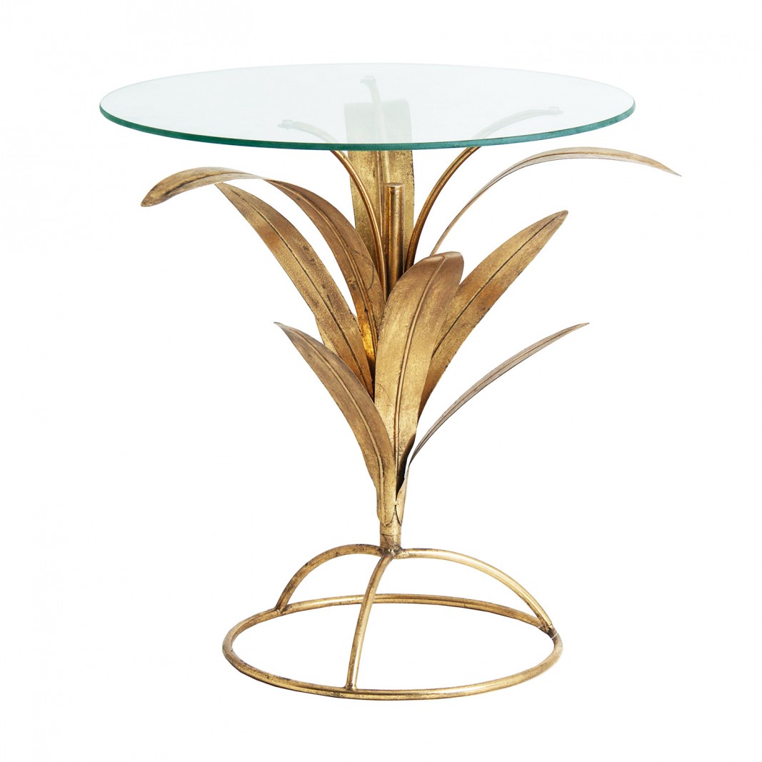 Mesa baja redonda de cristal y soporte con hojas doradas