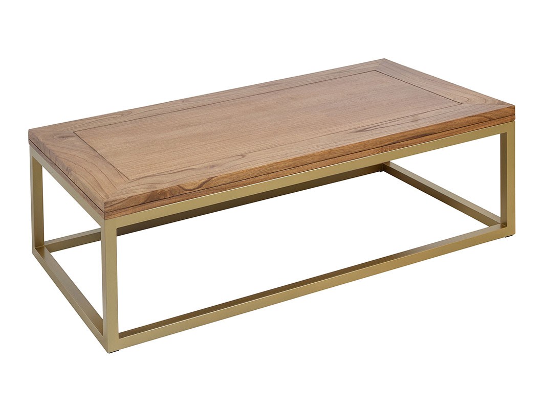 Mesa centro rectangular madera mindi y patas oro Carolina
