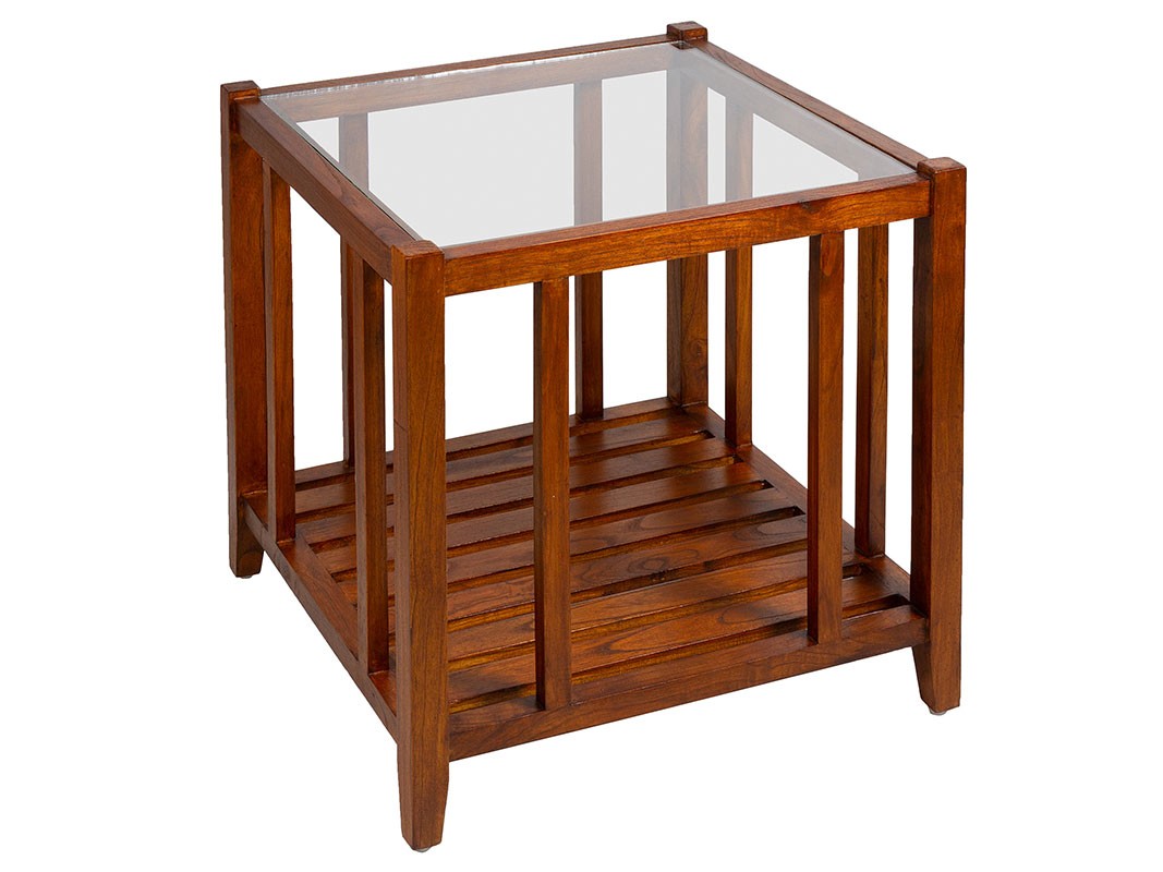 Mesa de centro pequeña con estante de madera y cristal