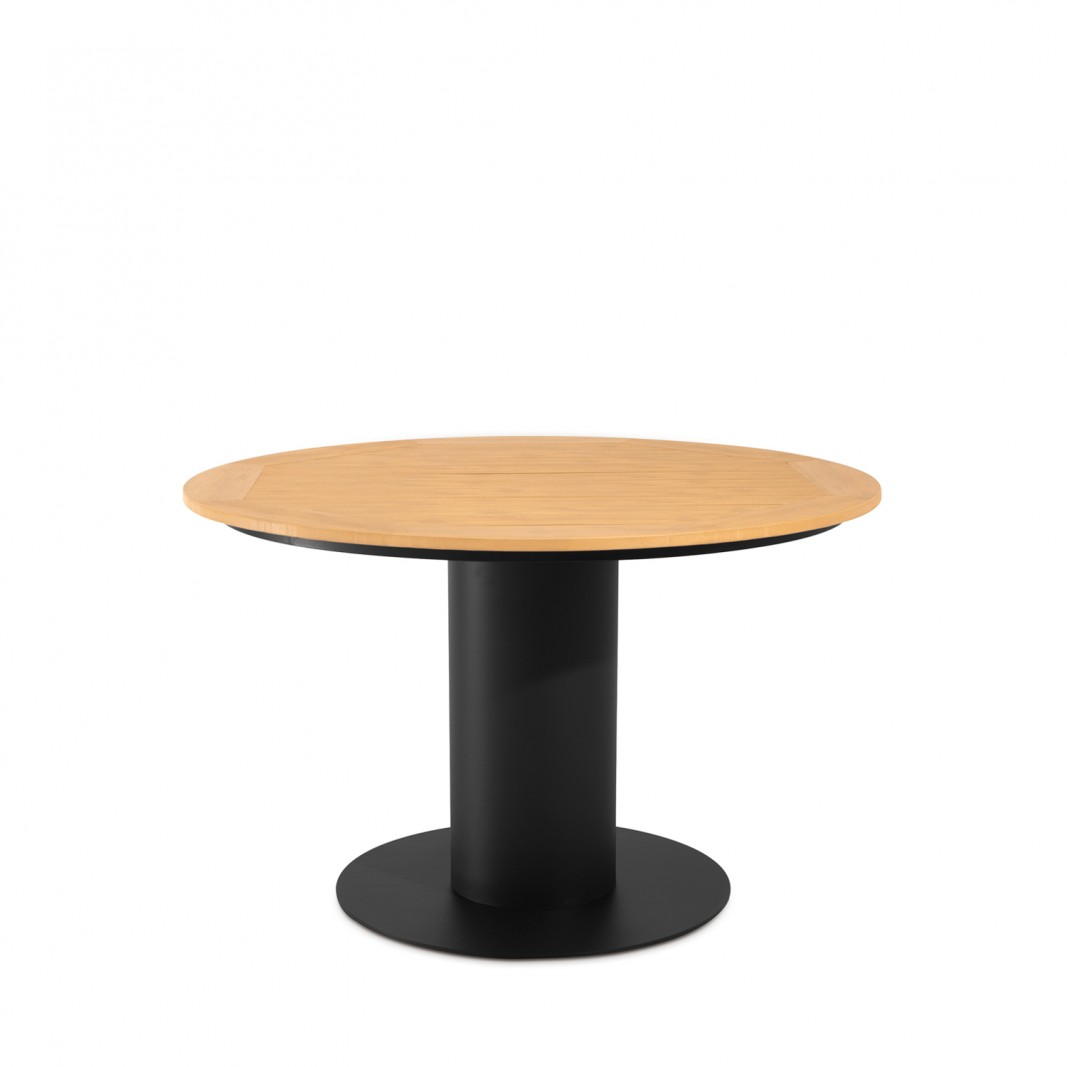 Mesa de exterior redonda de acero y madera