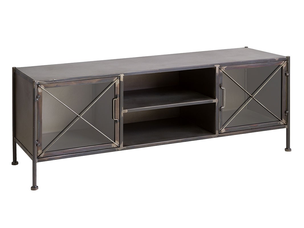 Mesa para la tv industrial de hierro con armario vitrina