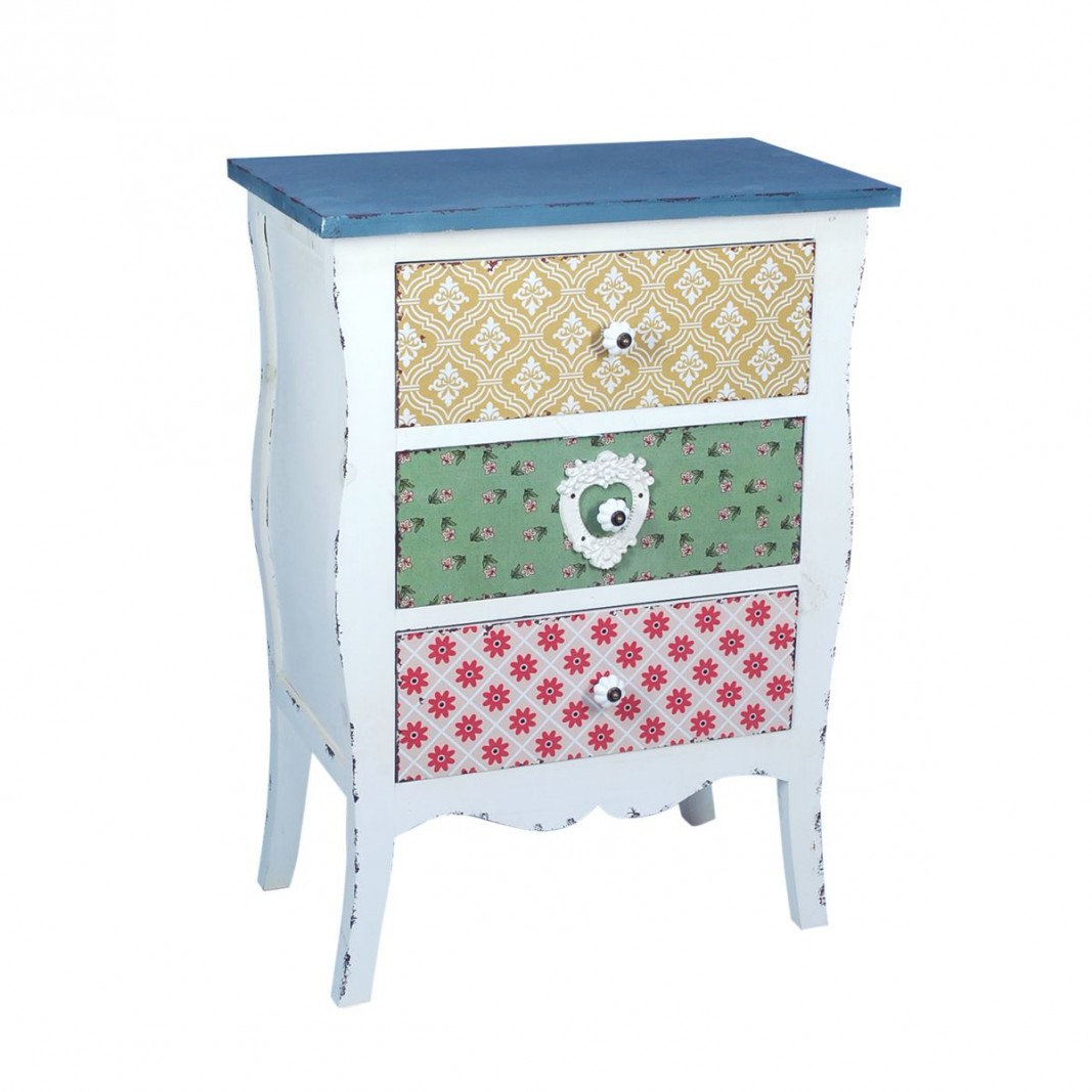 Mesita vintage shabby chic de madera 3 cajones estampados