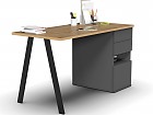 Escritorio combinado gris y madera, una puerta y dos cajones