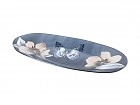 Plato ovalado de cristal azul con flores y mariposa