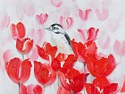 Cuadro digital flores rojas con pájaro B