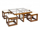 Conjunto mesa baja madera-cristal 4 taburetes