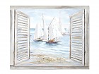 Cuadro ventana abierta vista a veleros en pintura acrílica