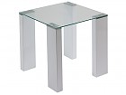 Mesa esquinera de cristal con pies de DM blanco