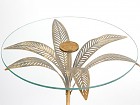 Mesa auxiliar vintage de cristal redondo y soporte flor dorada envejecida