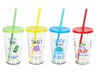 Pack 4 vasos de cristal frase inglés con pajita y tapa colores