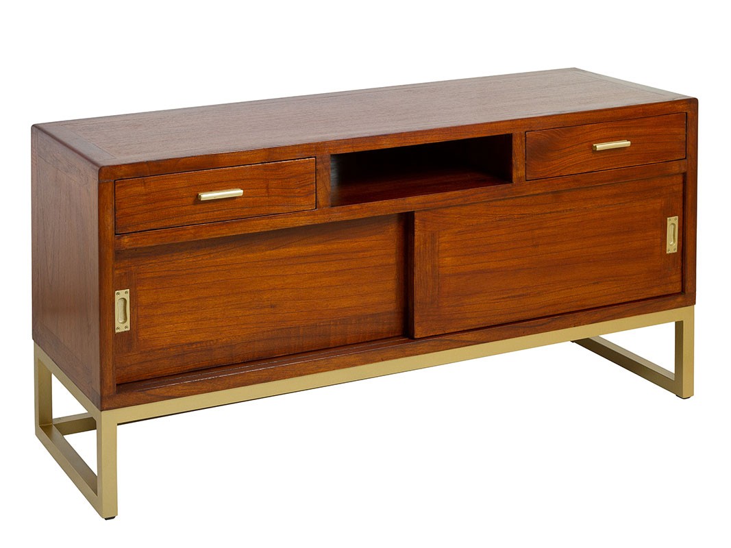 Mueble TV colonial moderno mindi color nogal y patas doradas