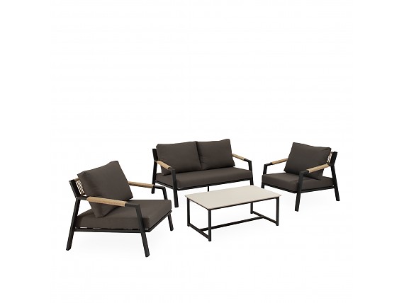 Conjunto exterior mesa centro, sofá y butacas negras