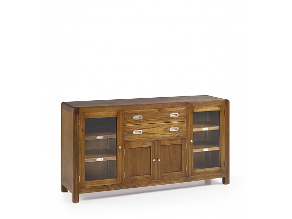 Bufet colonial con puertas de cristal y madera y 2 cajones