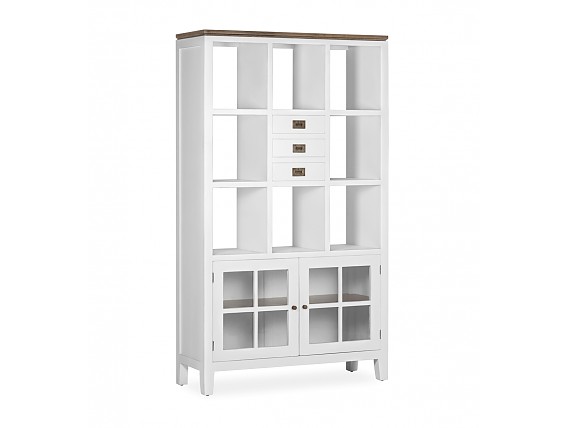 Librería blanca con estantes cerrados y cajones