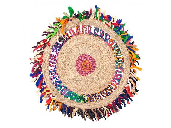 Alfombra yute con círculo trenzado colores y flecos