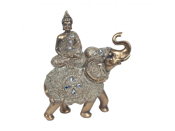 Buda sentado sobre elefante de resina con brillantes