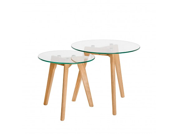Conjunto mesas centro cristal y patas de madera