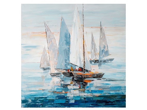 Cuadro barcos en mar azul abstracto 100x100 cm