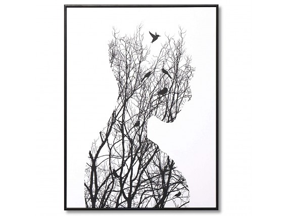 Cuadro silueta persona con bosque y pájaros