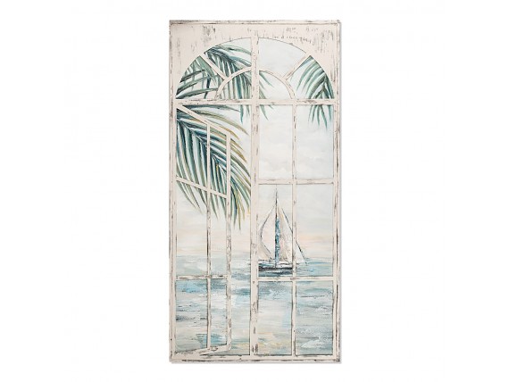 Cuadro ventana clásica vertical paisaje mar con velero 