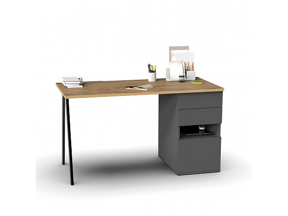 Escritorio combinado gris y madera, una puerta y dos cajones