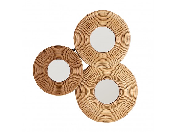 Espejo pared 3 círculos con marco de bambú natural