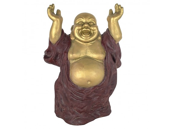 Estatua Buda feliz dorado con túnica granate