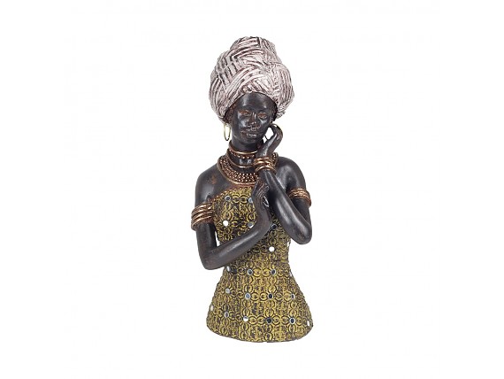Estatua resina de mujer africana vestido dorado con espejos