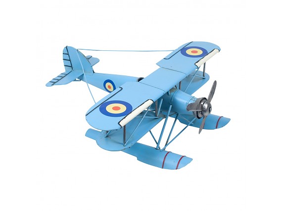 Figura avión biplano retro de metal azul